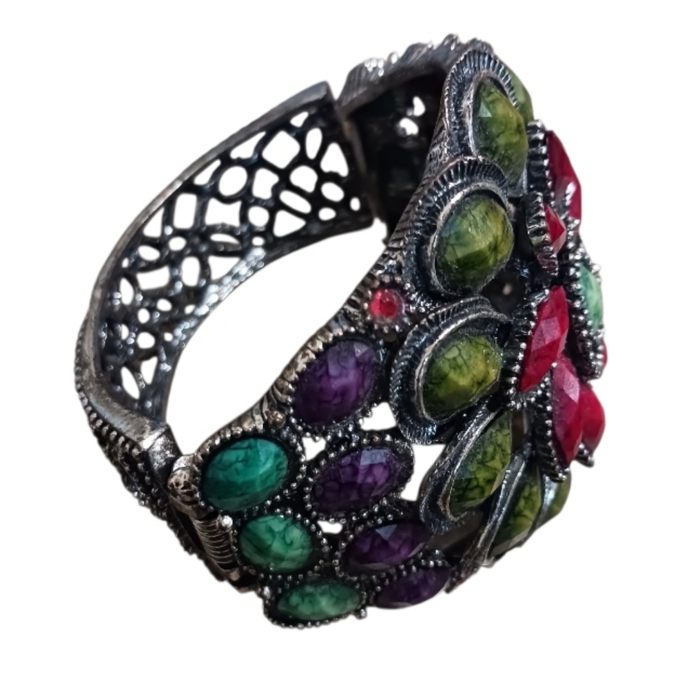 Boho Chic Flower Hinge Cuff Statement Bracelet Chunky - Picture 5 of 11